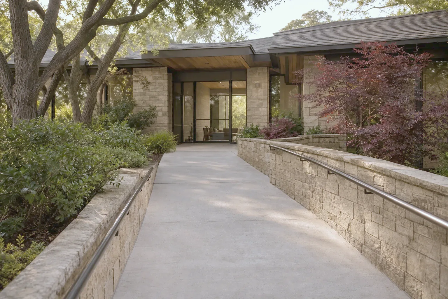 A wide, level entrance ramp leading to a glass door among trees