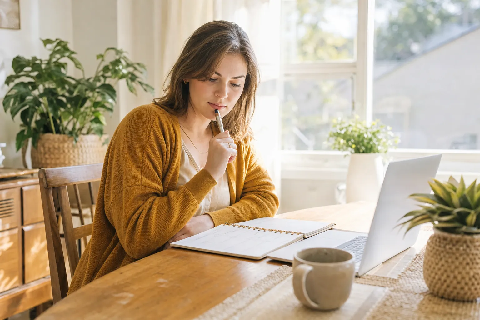 A young woman at a sunny desk with a laptop and planner