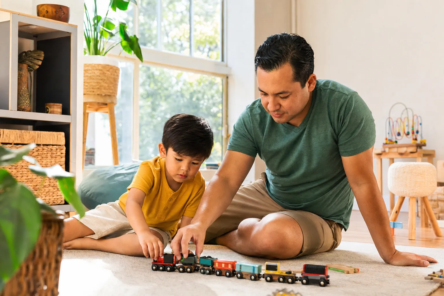 A father and young son lining up toy trains on a playroom rug