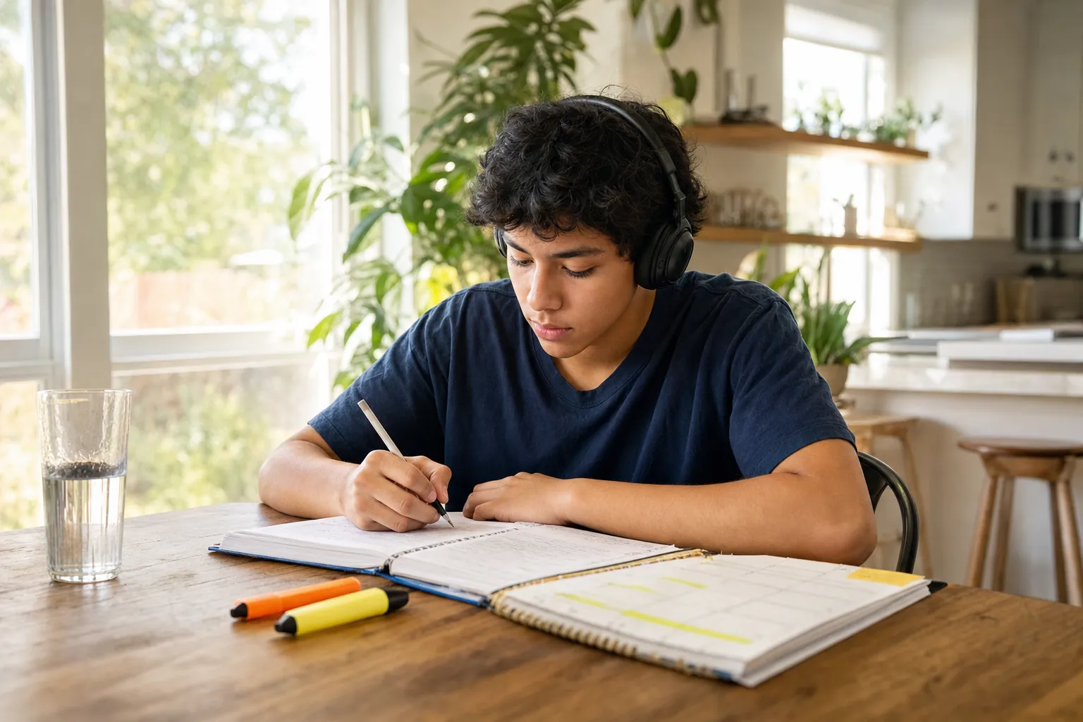 A teenage boy doing homework at a bright kitchen table