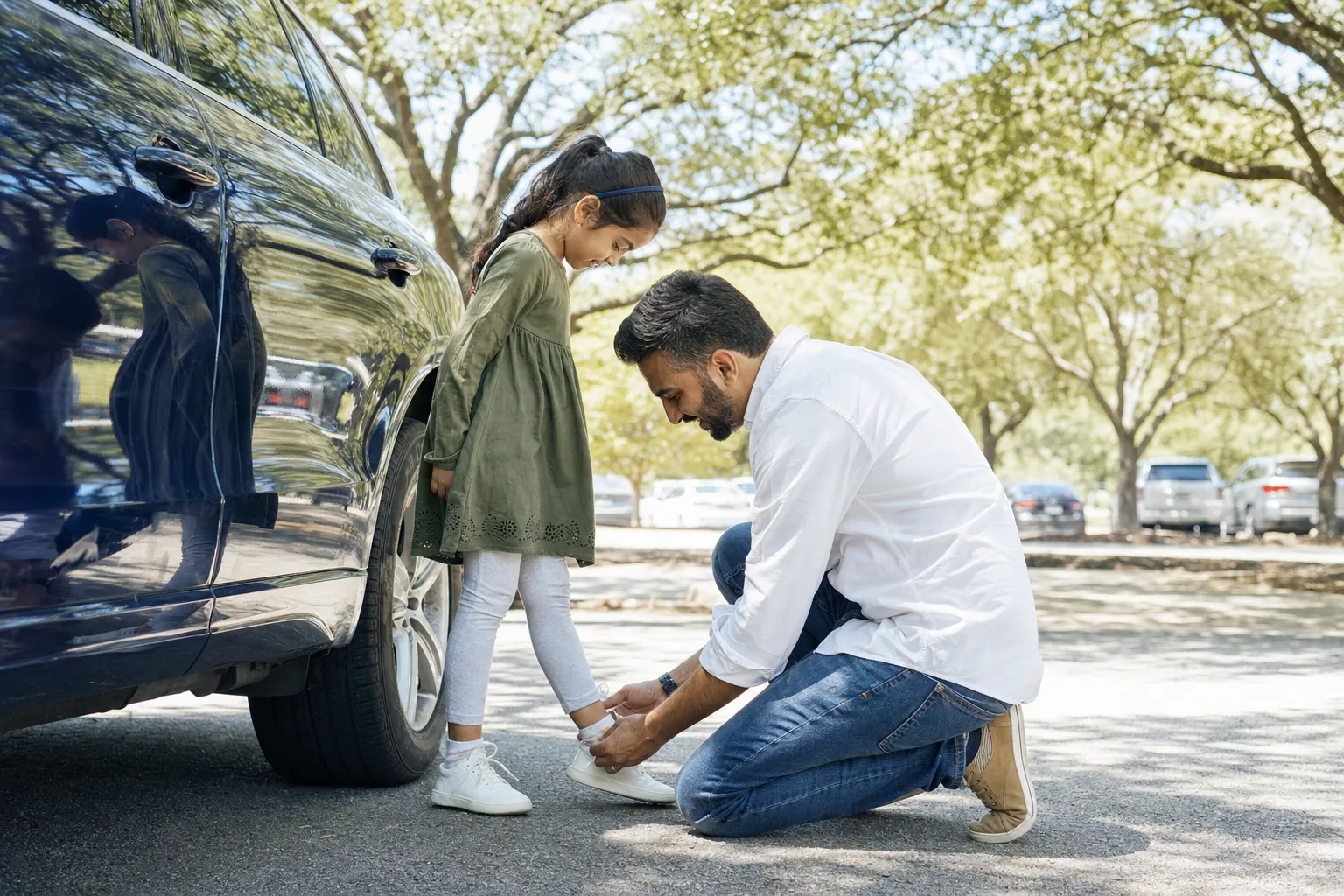 A father tying his young daughter's shoe beside a car under oak trees