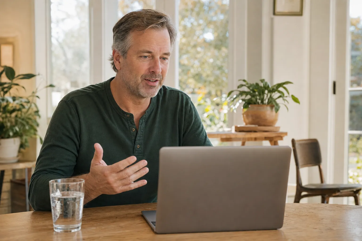 A man on a laptop video call at a sunny dining table