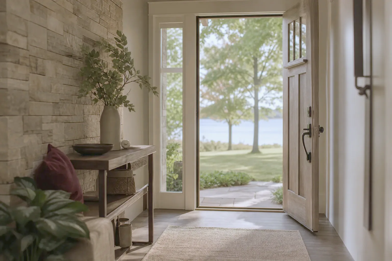 A wooden front door slightly open to a lakeside lawn