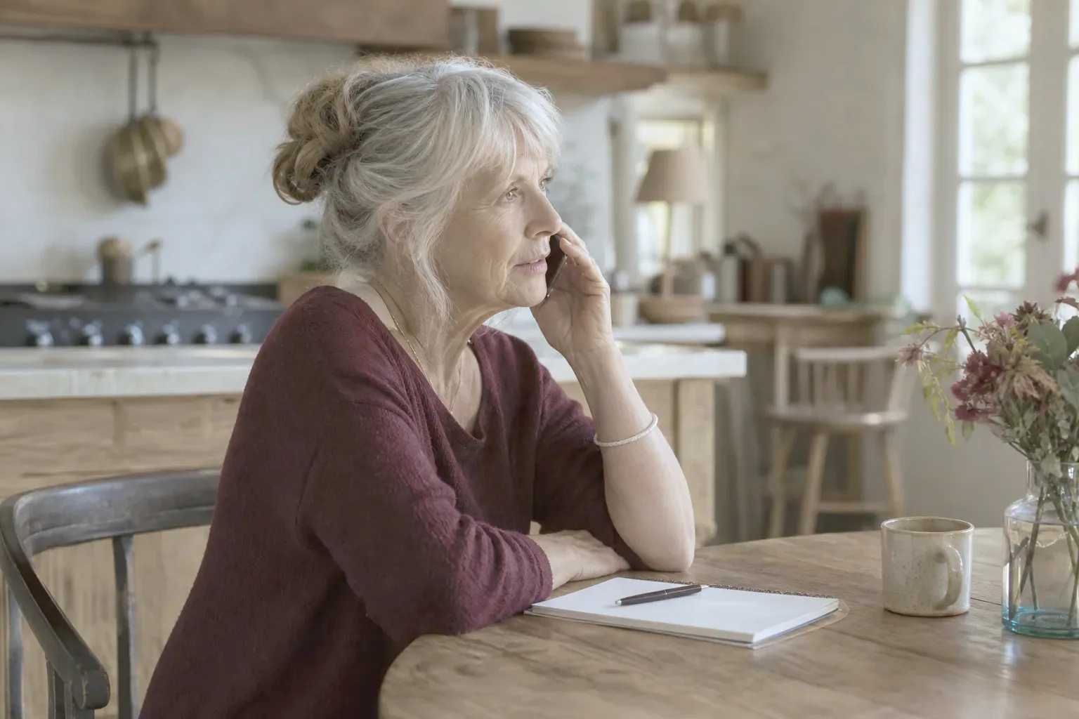A woman at a kitchen table making a phone call with a notepad