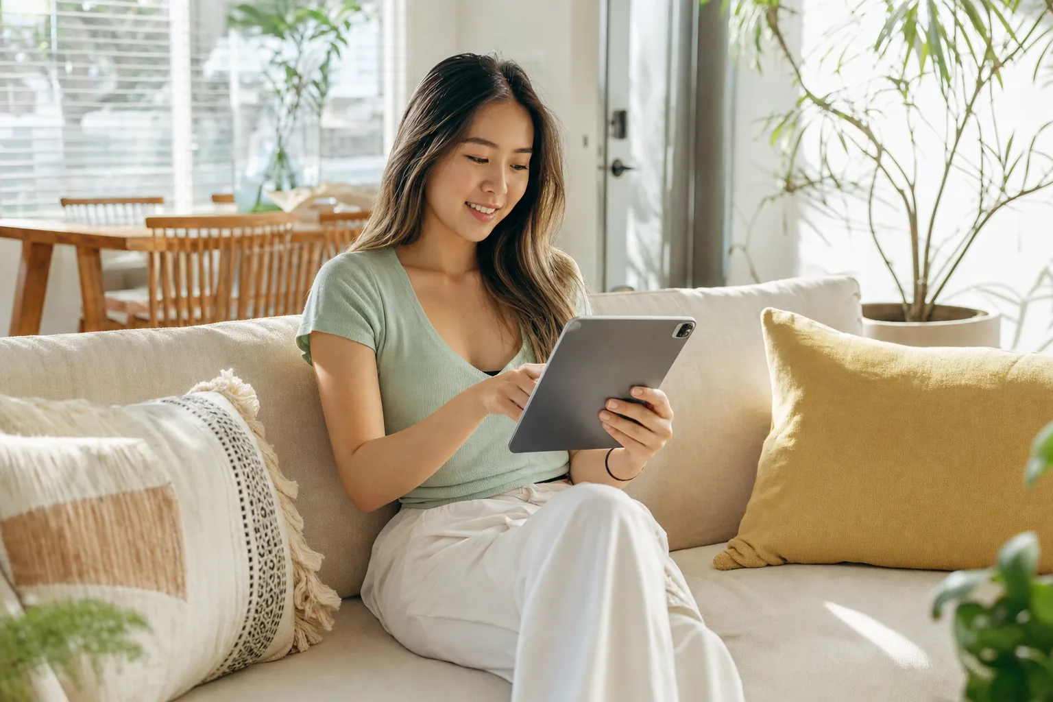 A young woman browsing on a tablet on a sunny sofa