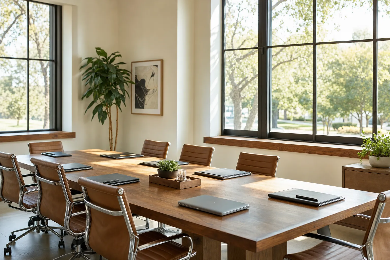 An orderly office with a long table and neat folders