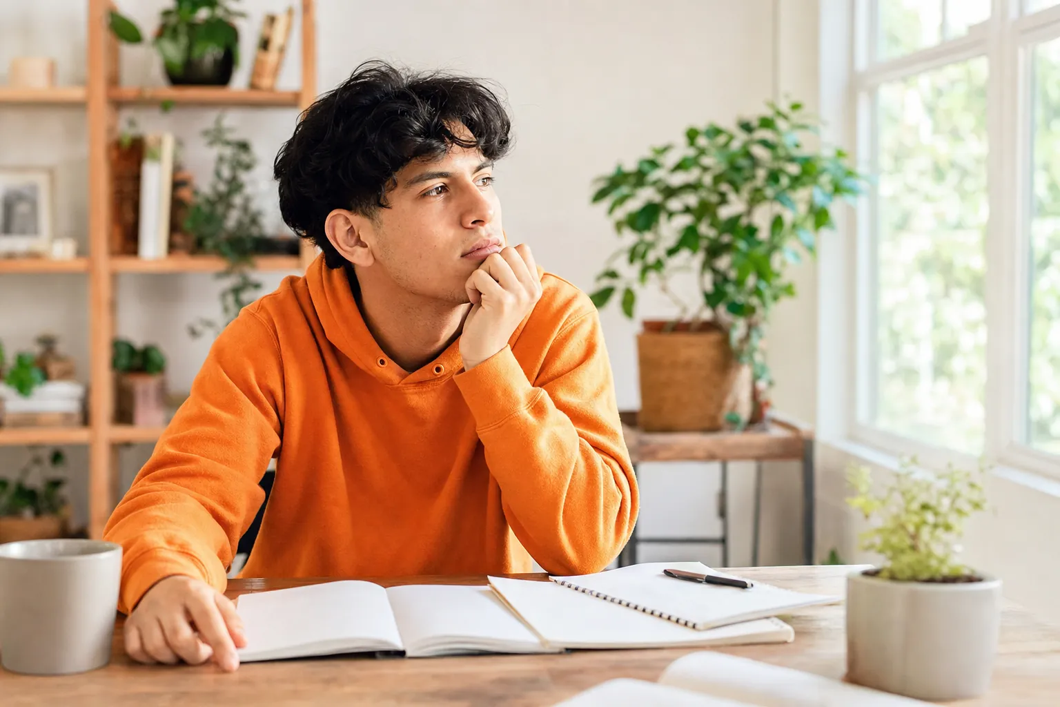 A young man thinking at a desk with two open notebooks