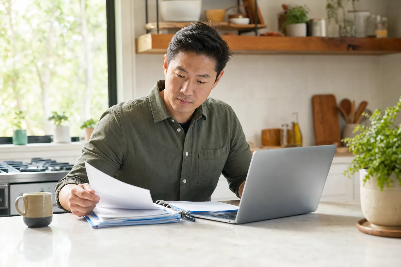 A father at a kitchen counter with a laptop and school papers