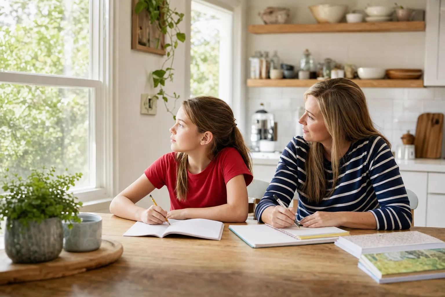 A mother helping her daughter with homework at a kitchen table