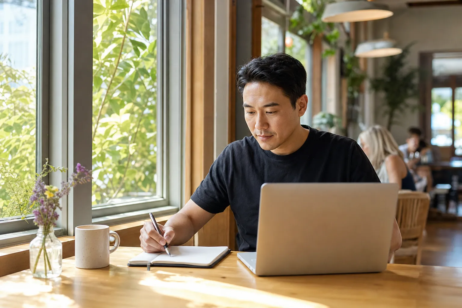 A man at a cafe table looking at a laptop and taking notes