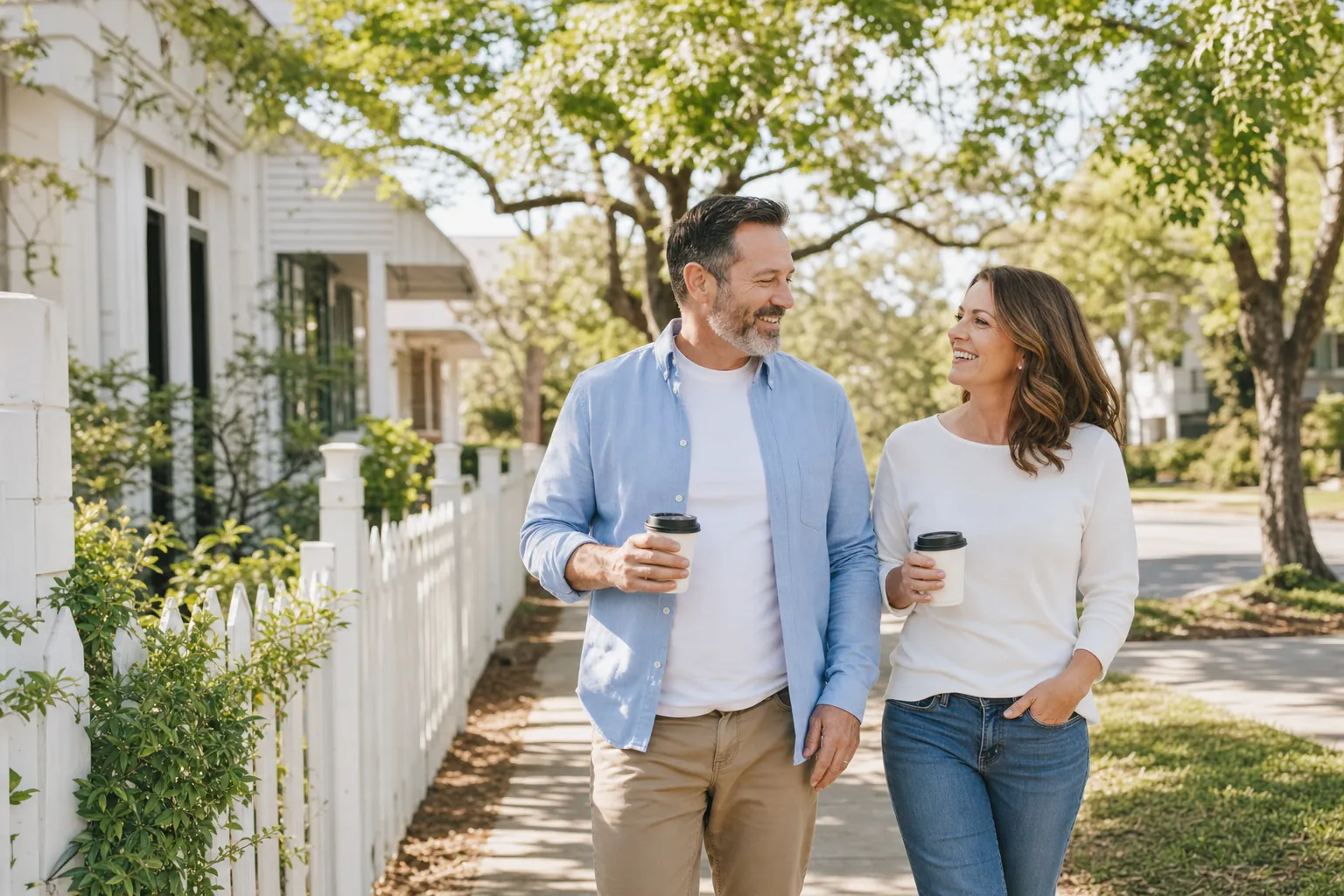 A couple walking side by side on a neighborhood sidewalk