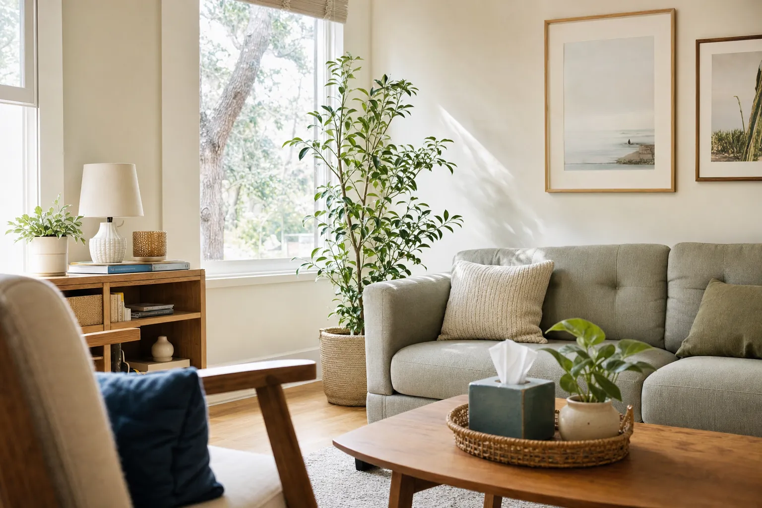 A bright therapy room with a sofa and a plant