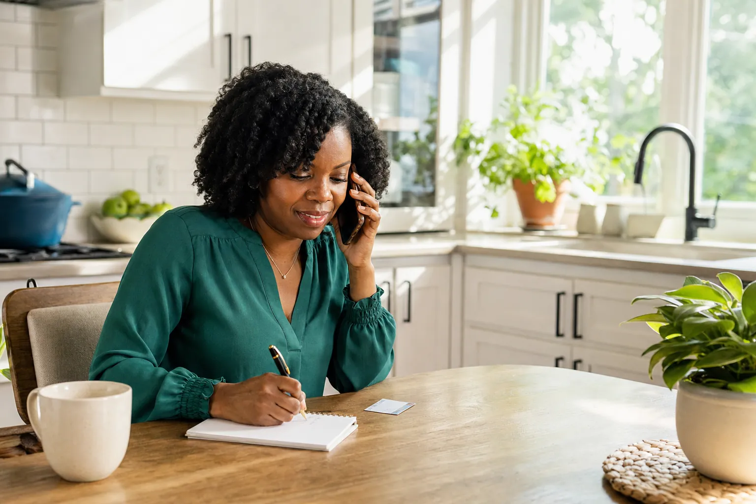 A woman taking notes during a phone call at a kitchen table