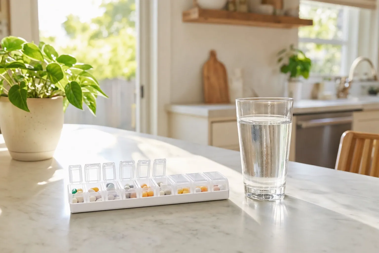 A weekly pill organizer and a glass of water on a kitchen counter