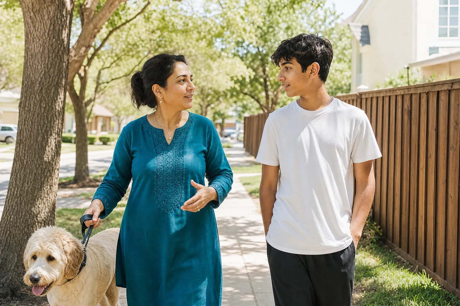 A mother and teenage son talking while walking a dog