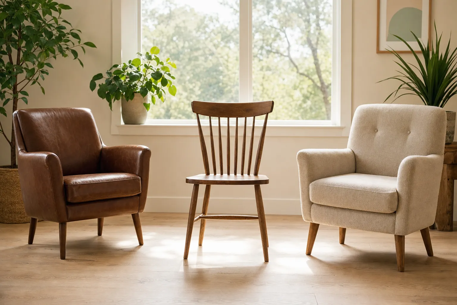 Three different empty chairs in a bright room