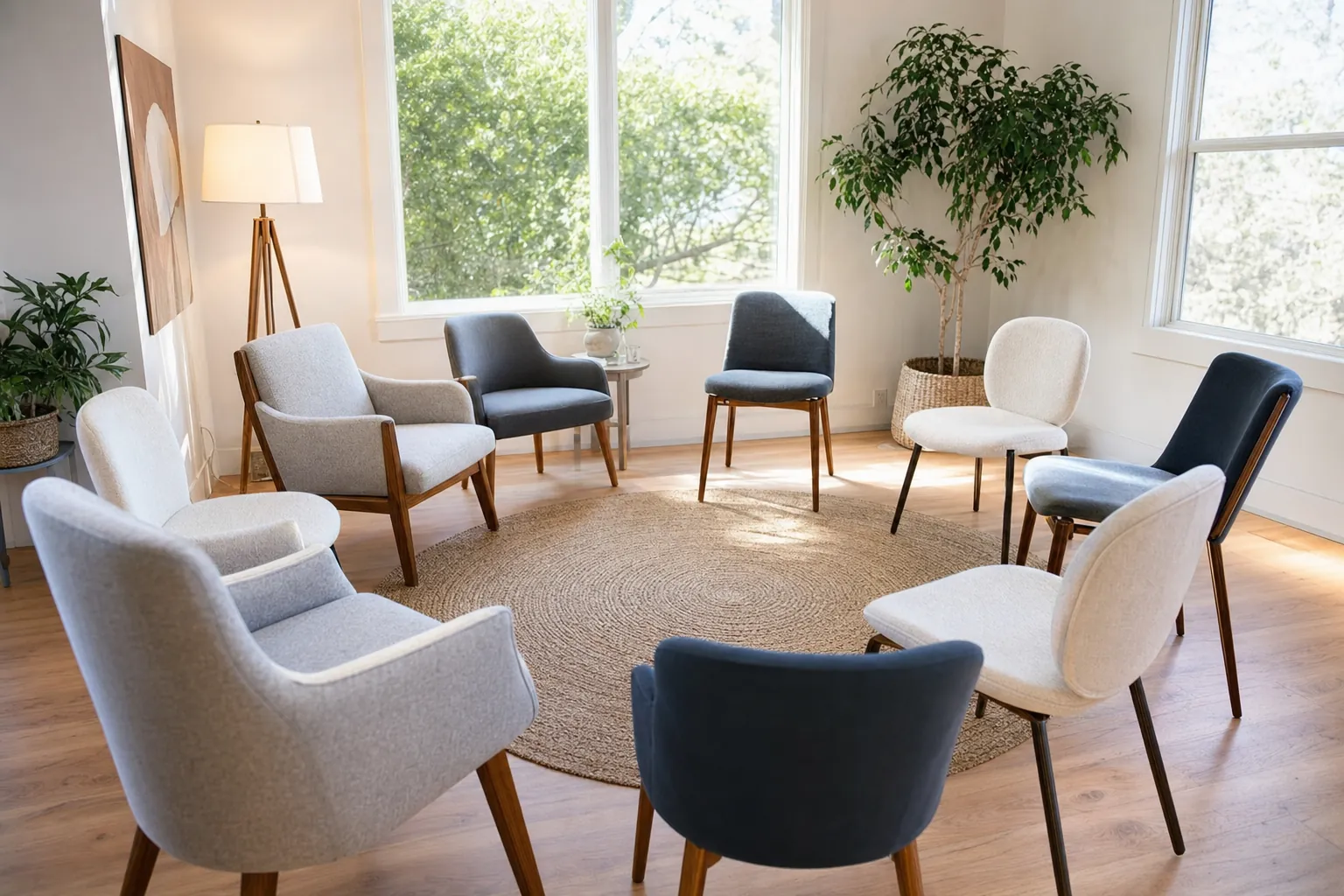 Eight chairs arranged in a circle in a bright room