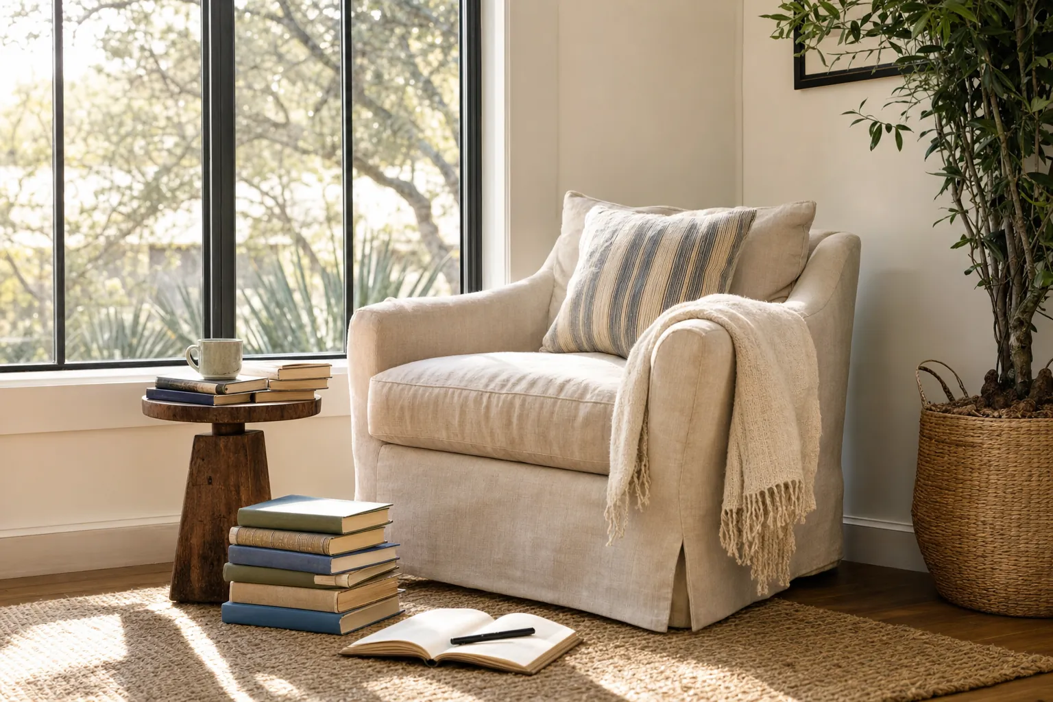 A sunny reading corner with an armchair and books