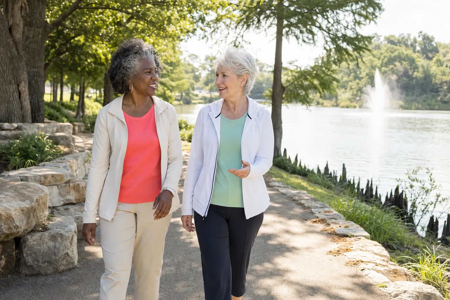 Two women walking and talking on a sunny lakeside trail