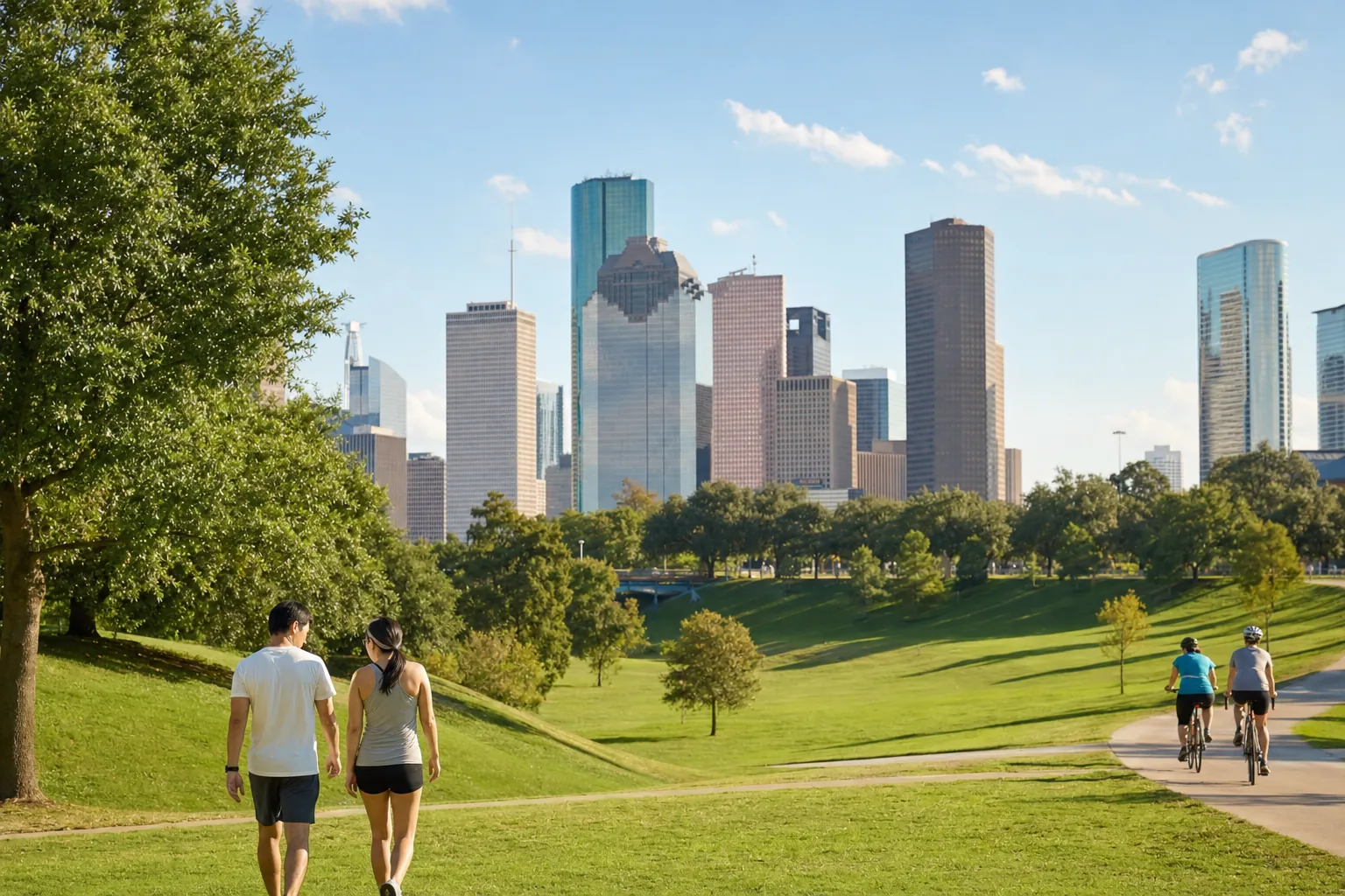 The Houston skyline beyond a green park on a clear morning