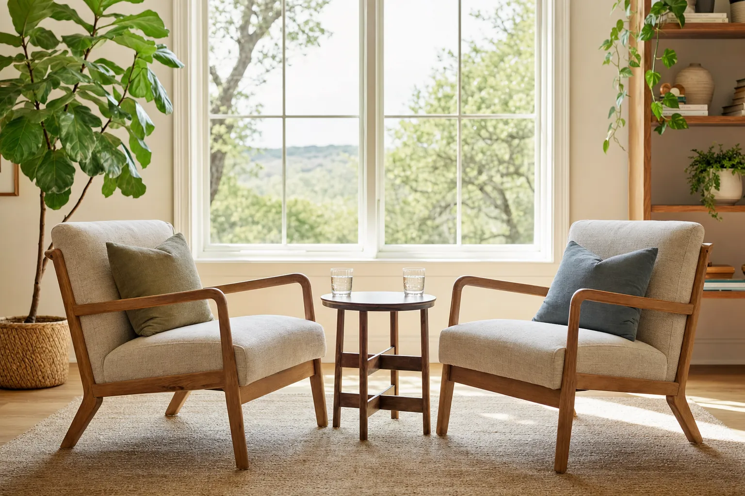 Two armchairs facing each other in a bright, quiet room