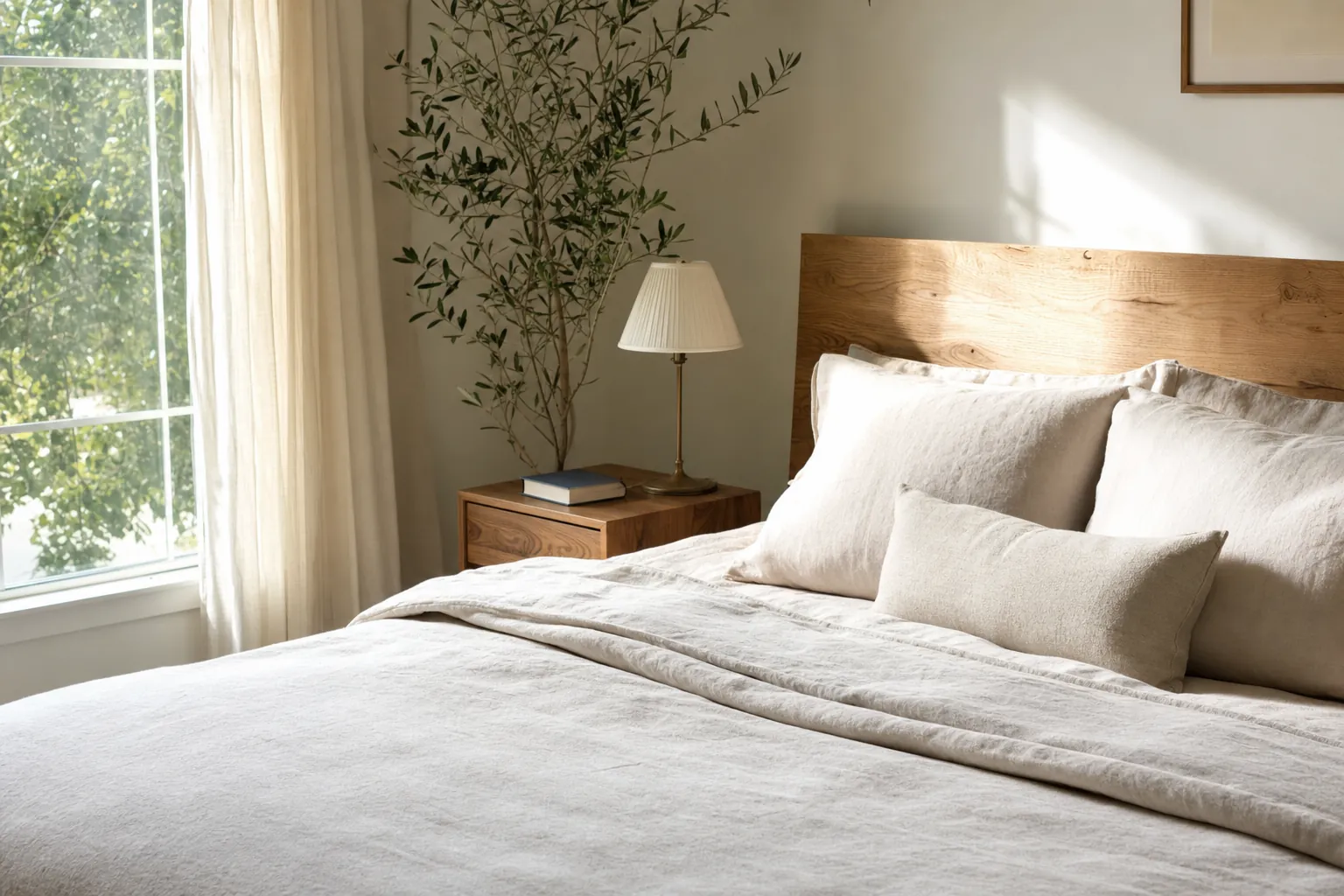 A neatly made bed in a softly sunlit bedroom