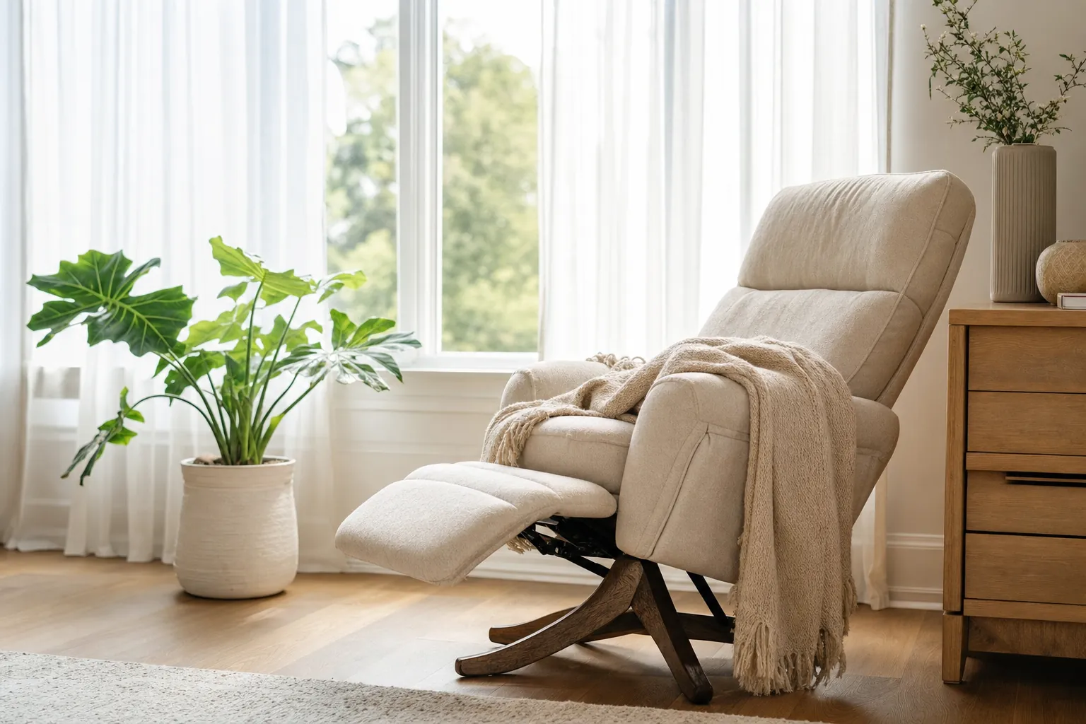 A calm, bright room with a reclining chair by a window