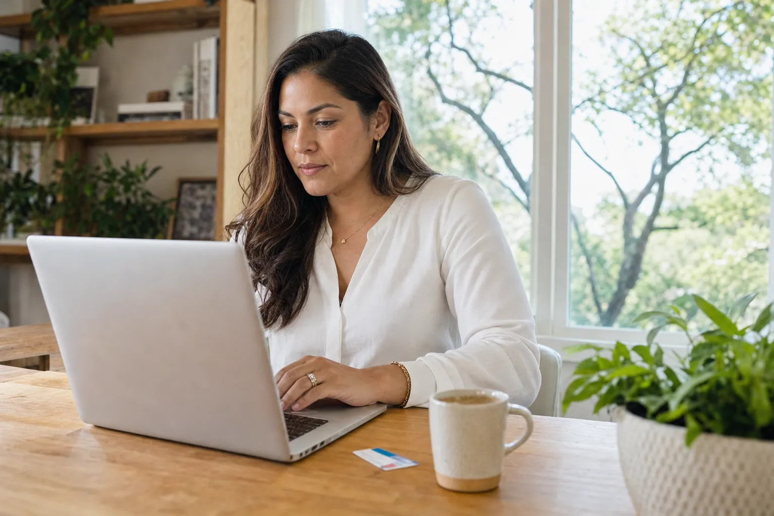 A woman at a sunny desk with a laptop and an insurance card
