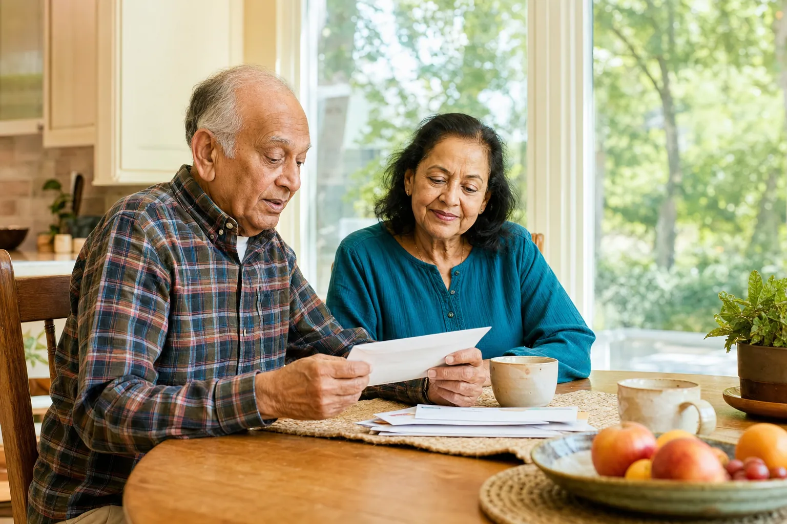 An older couple reading mail together at a breakfast table