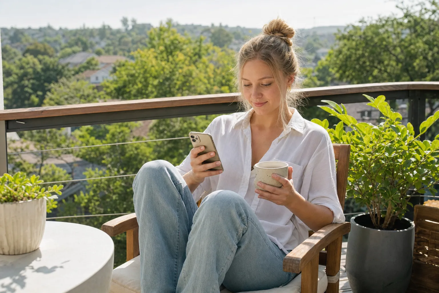 A young woman checking her phone on a sunny balcony