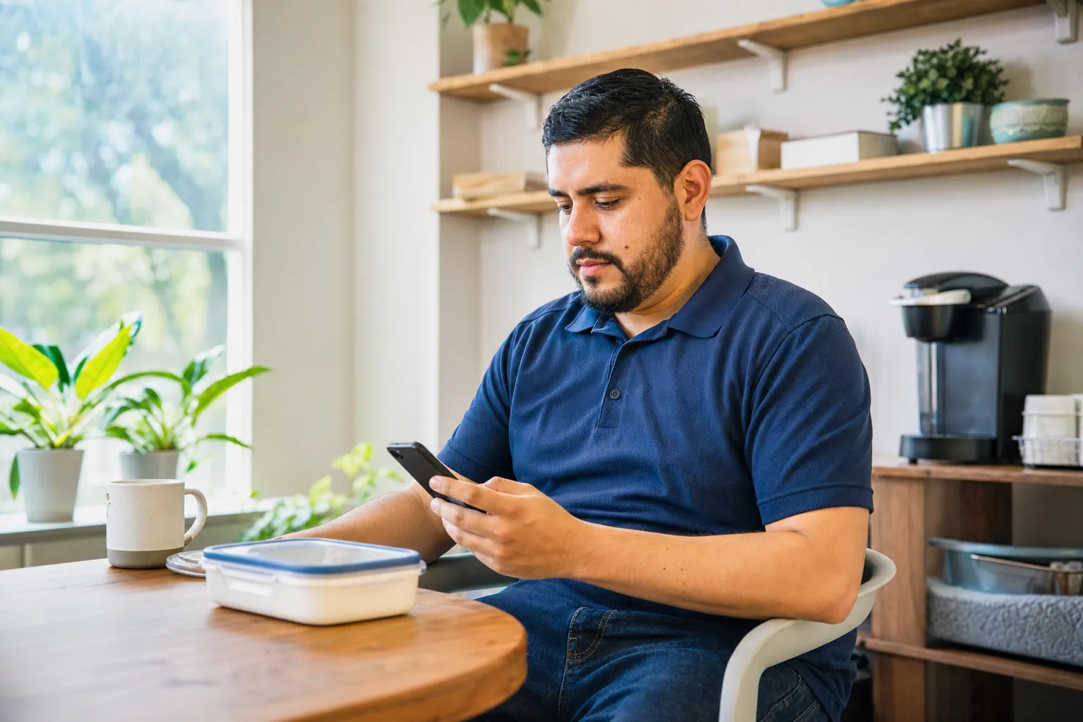 A man reading his phone in a bright break room
