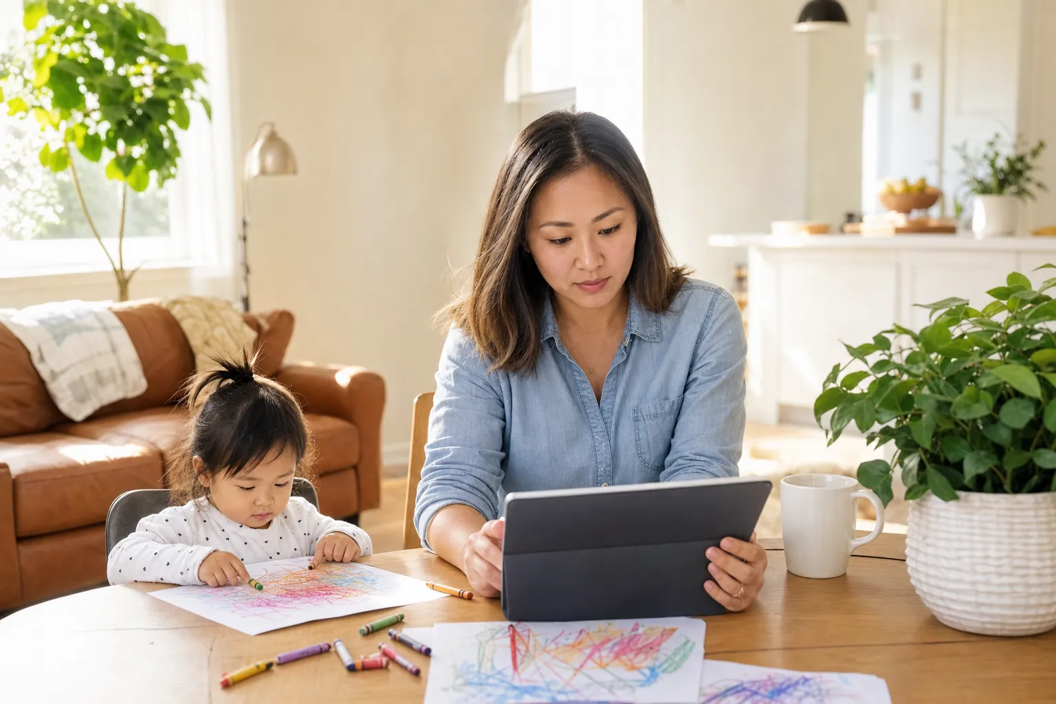 A mother checking her plan on a tablet at a dining table