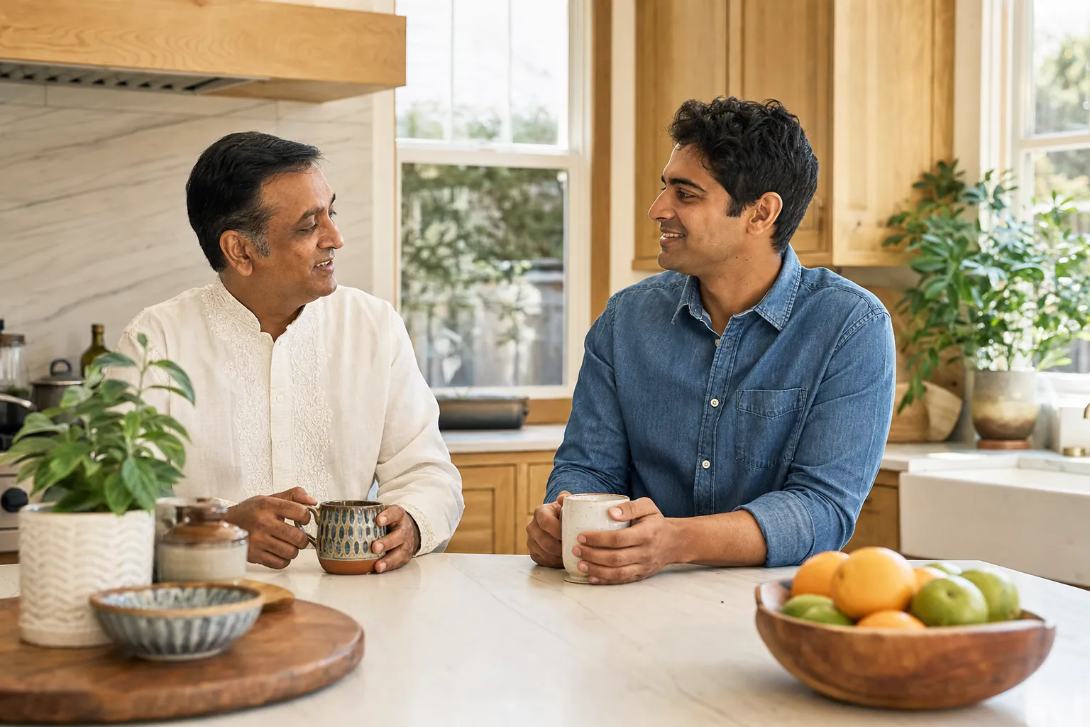 A father and adult son talking over tea at a sunny kitchen island