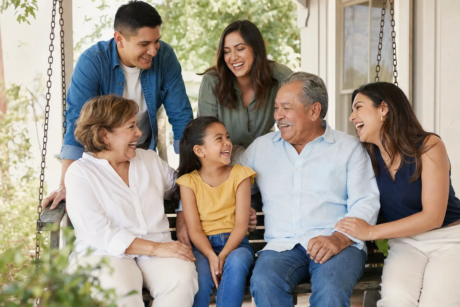 Three generations of a family laughing together on a front porch swing