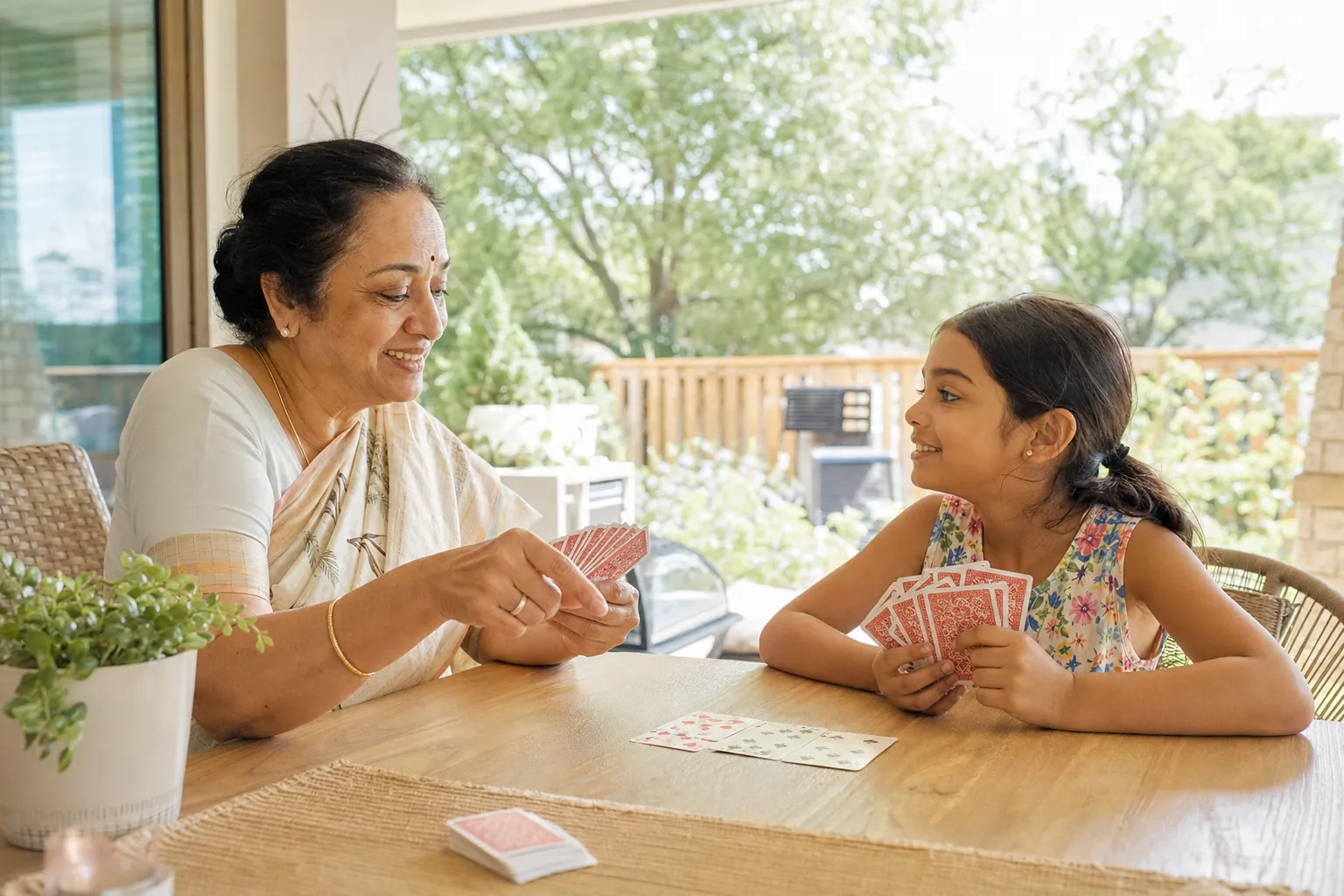 A grandmother teaching her granddaughter a card game at a sunny table