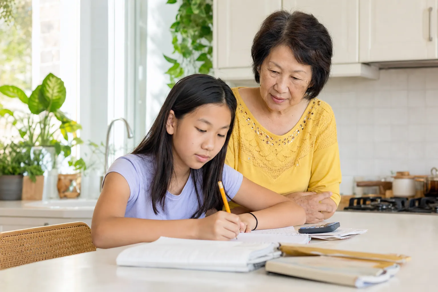 A girl doing homework at a kitchen counter while her grandmother watches