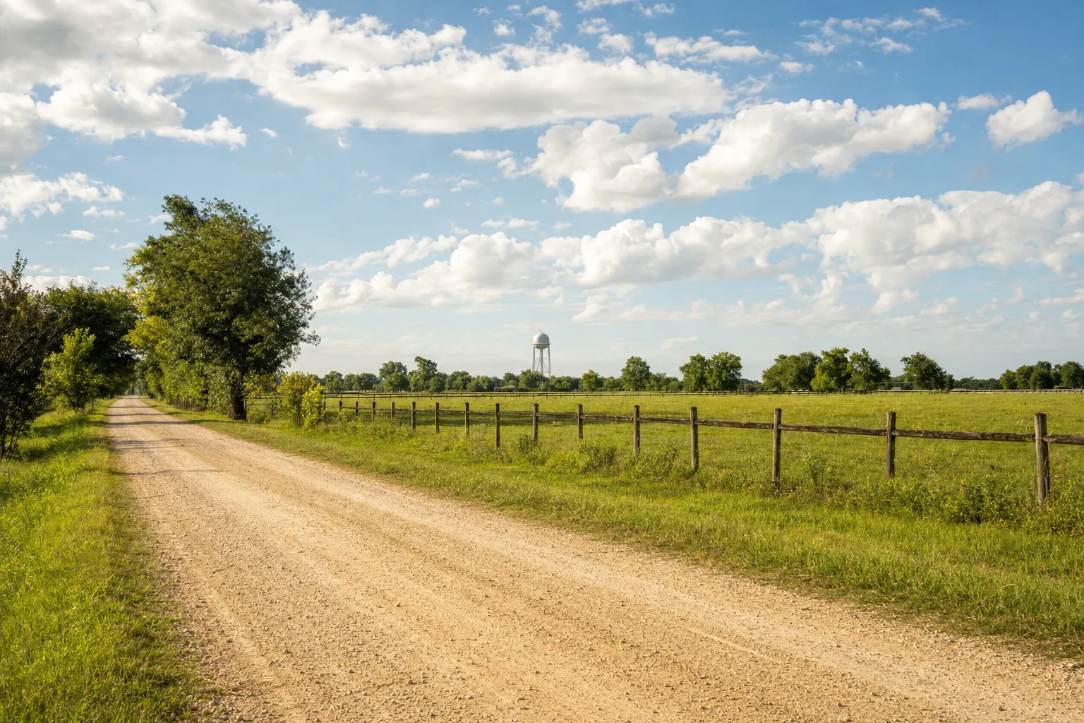 A country road with pasture fencing under a big sky in Fort Bend County