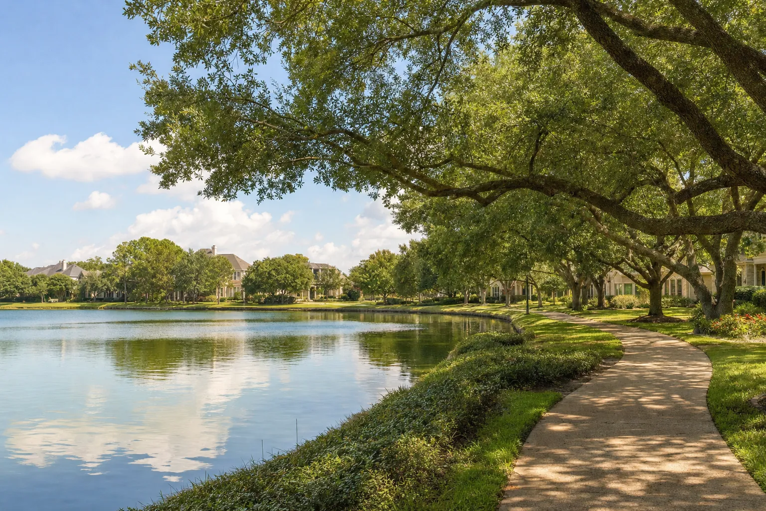 A sunny lake and walking path among live oaks and rooftops in a Sugar Land neighborhood