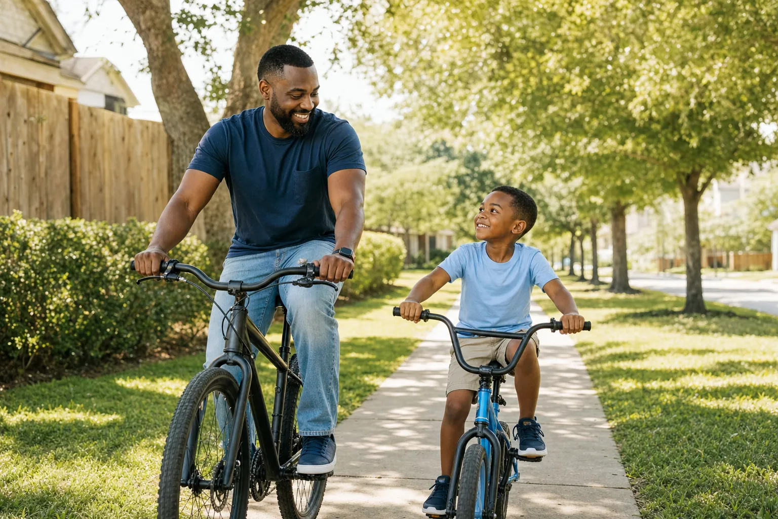 A father and young son riding bikes on a sunny suburban sidewalk