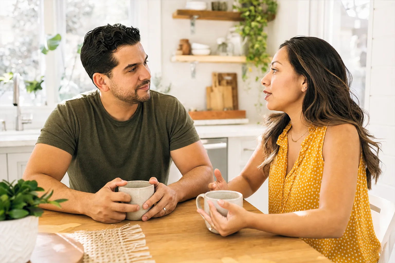 A couple talking at a sunny kitchen table over coffee