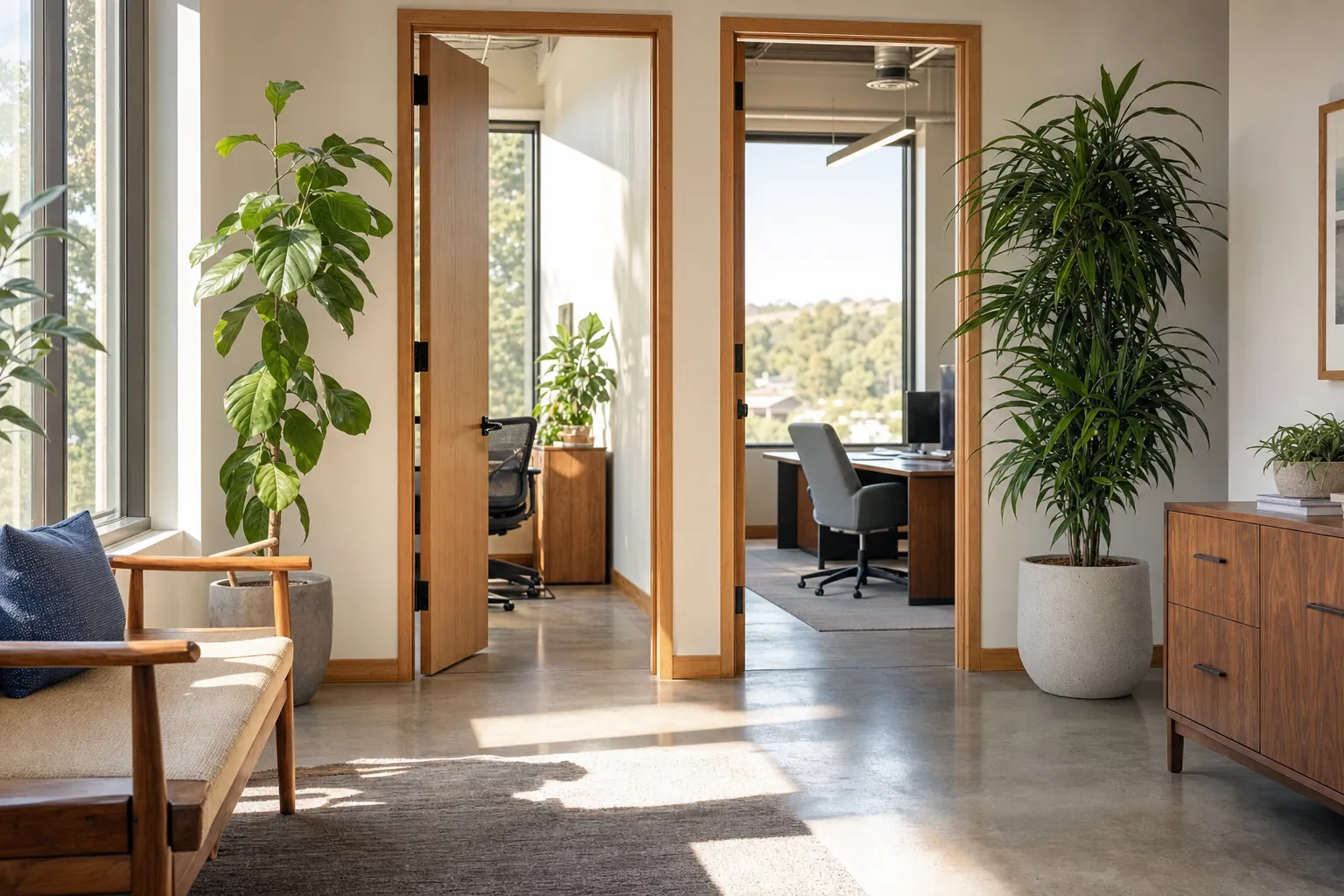 A bright office hallway with open doors and a bench