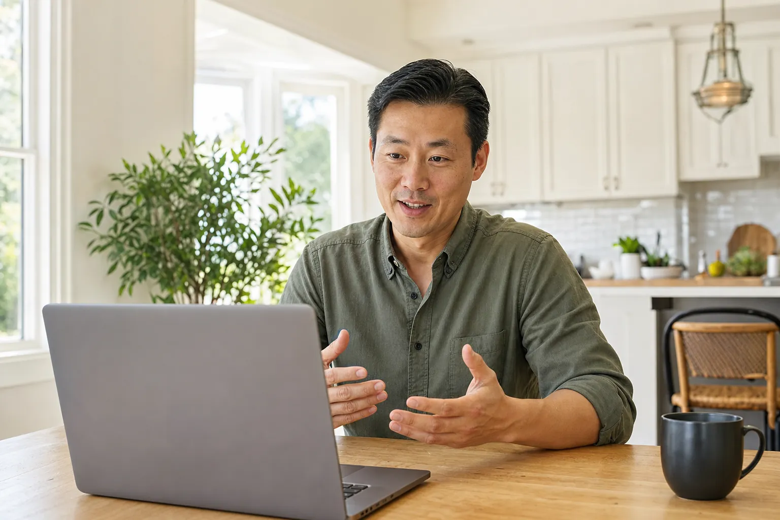 A man on a laptop video call at a bright kitchen table