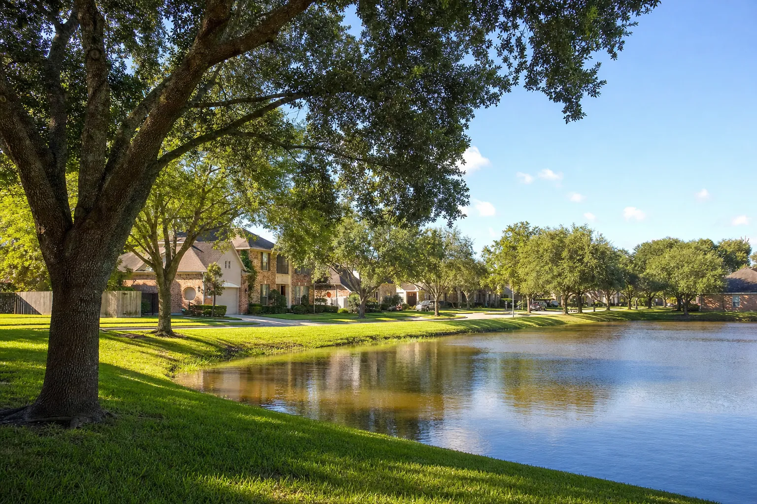 A suburban street with brick homes and live oaks beside a pond