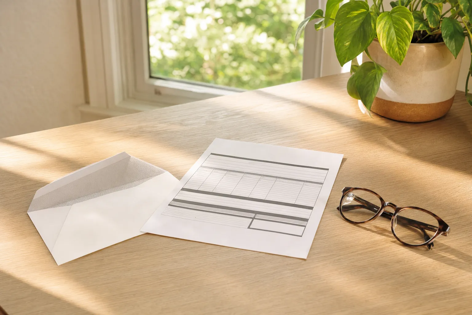 Paperwork, an envelope and glasses on a sunny desk