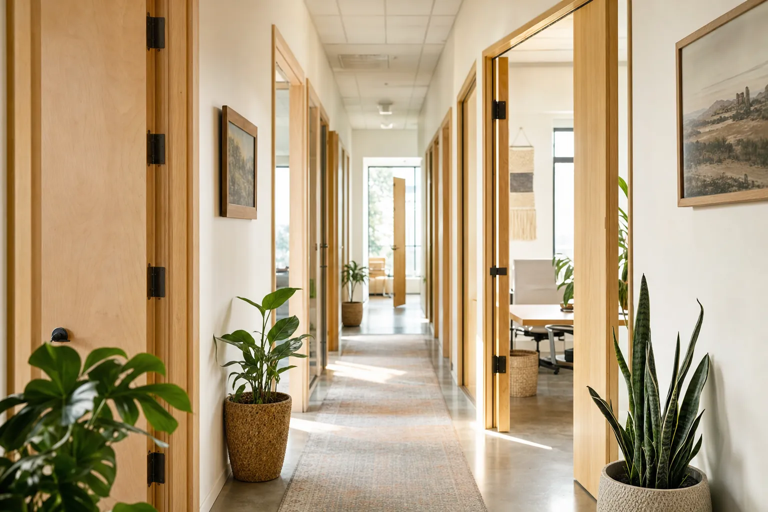 A sunlit office corridor with light oak doors