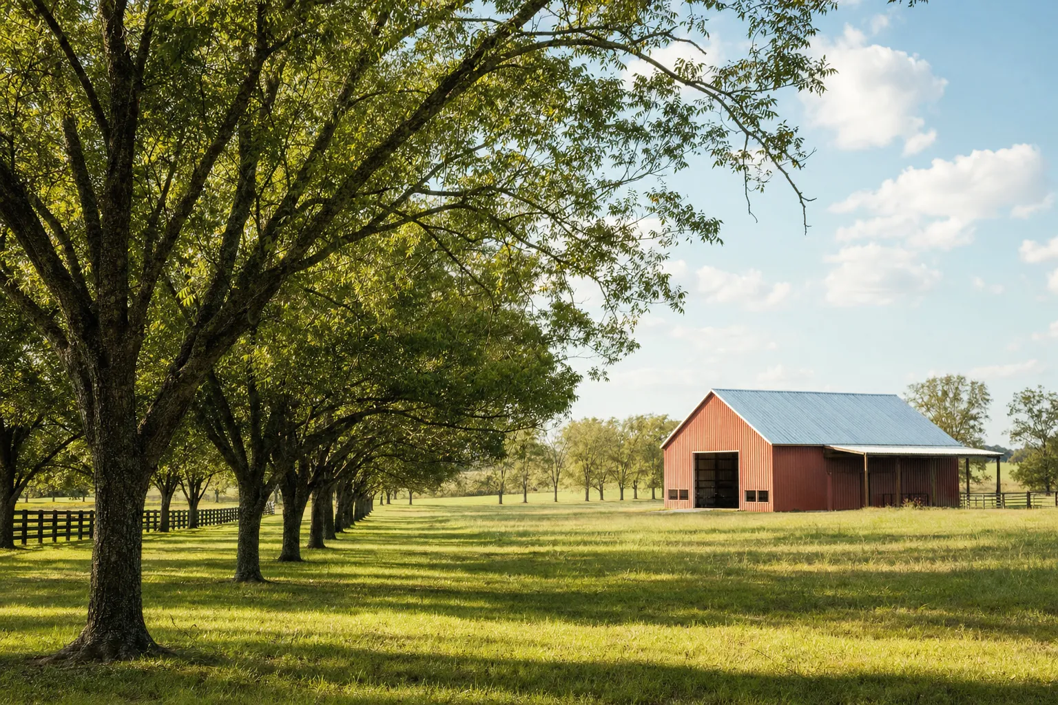 A farm field with pecan trees and a red barn under a bright sky