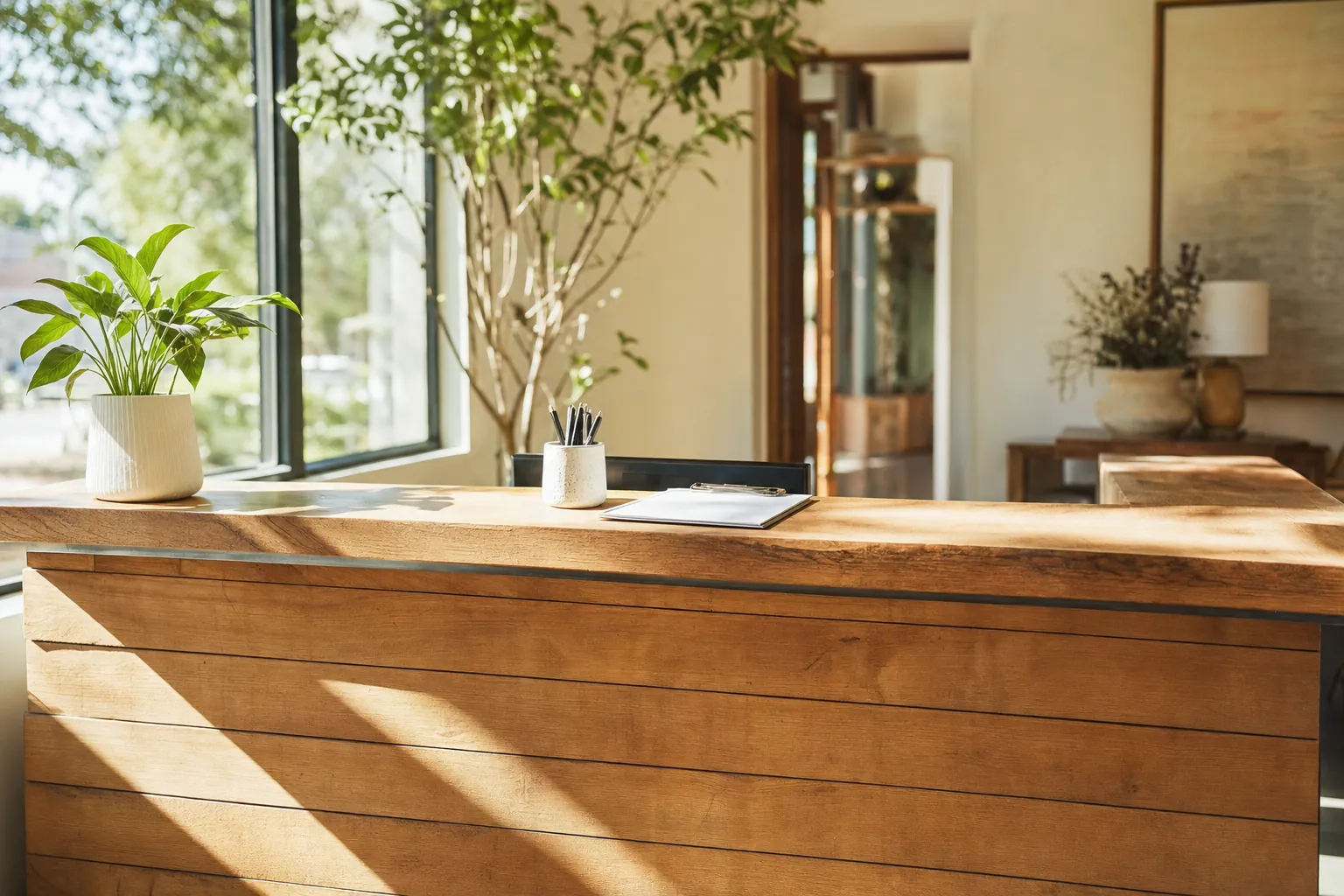 A bright reception counter with a plant and a clipboard