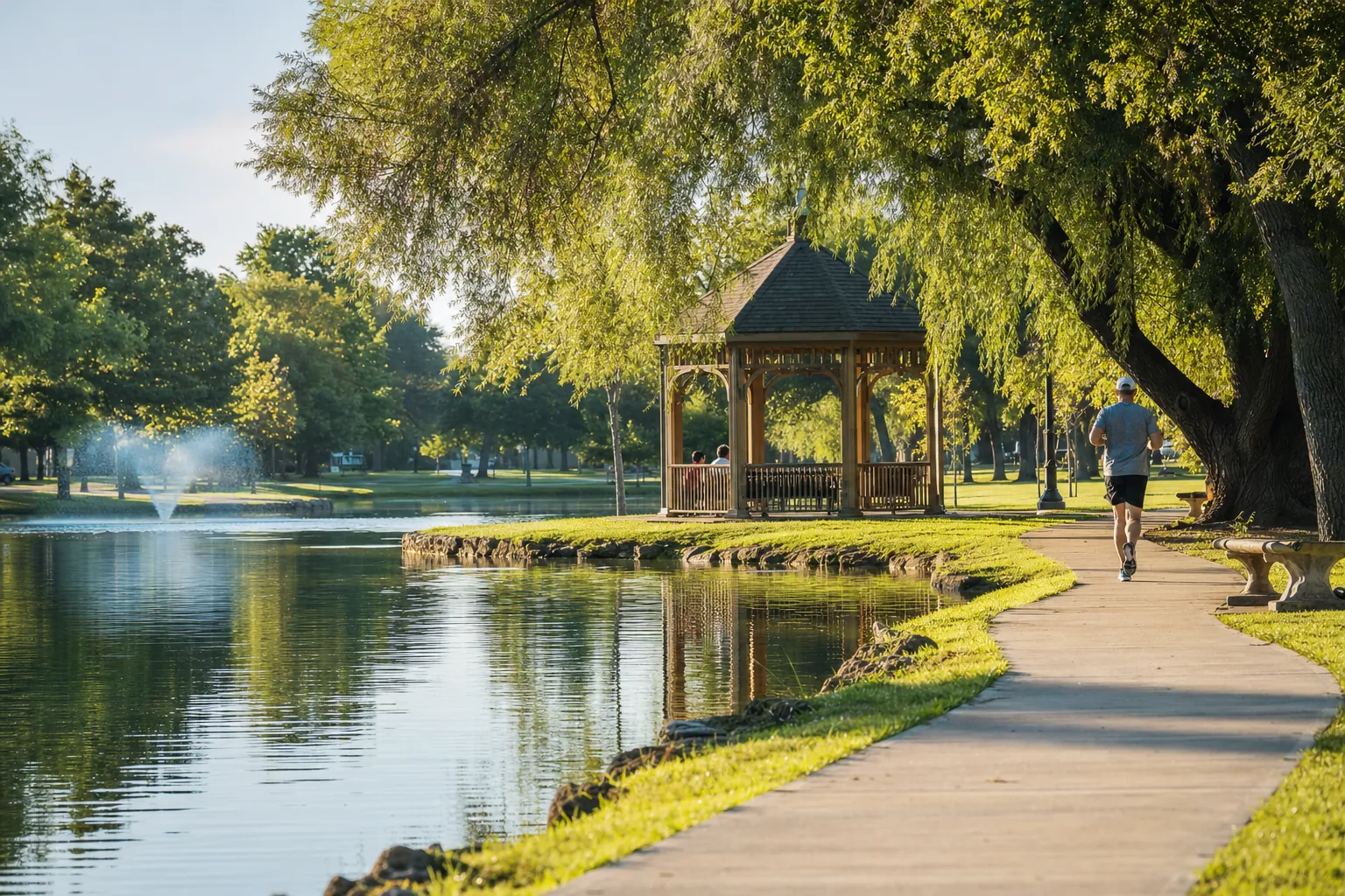 A neighborhood park with a pond and a gazebo in early morning