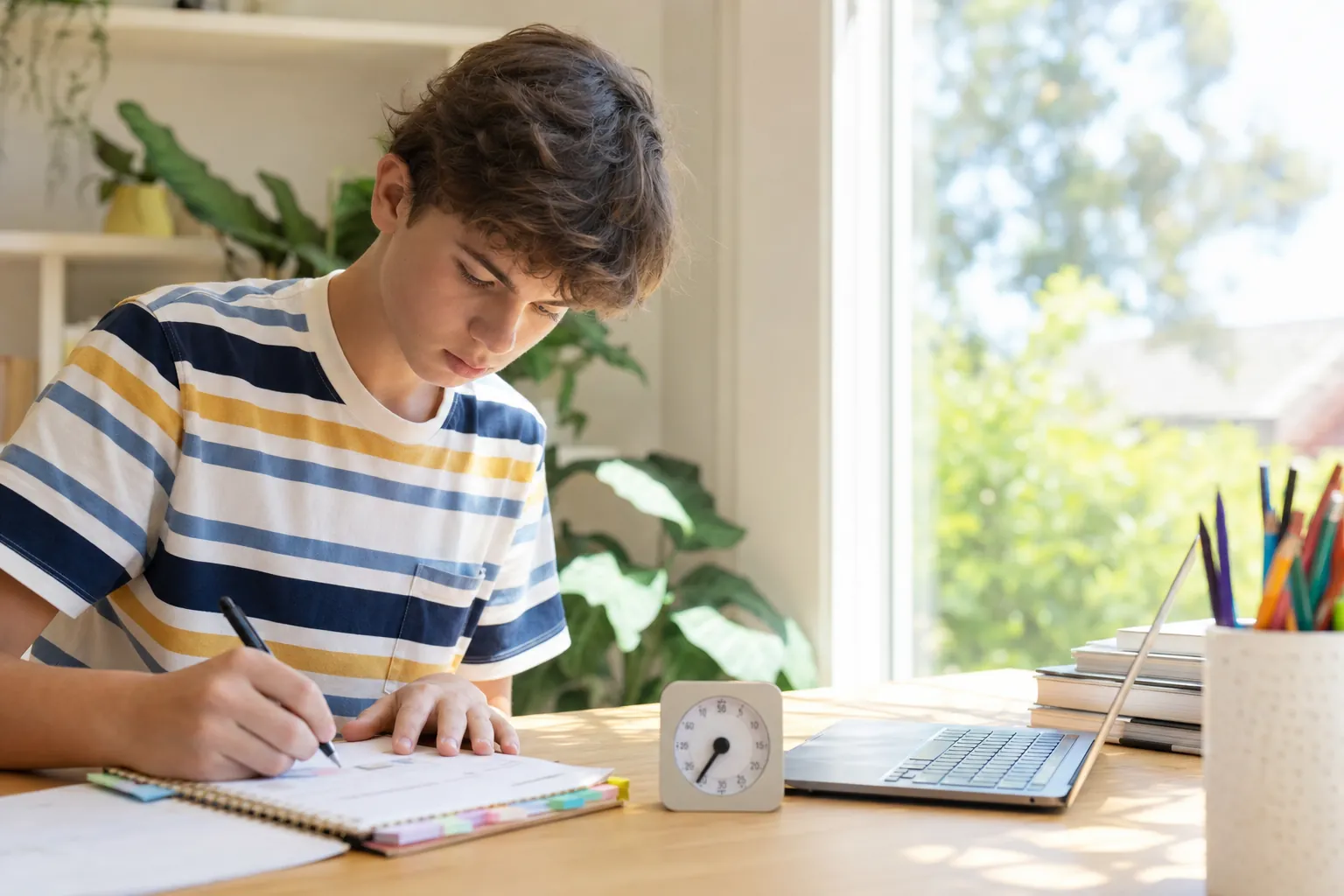 A teenage boy at a bright desk with a timer and a planner