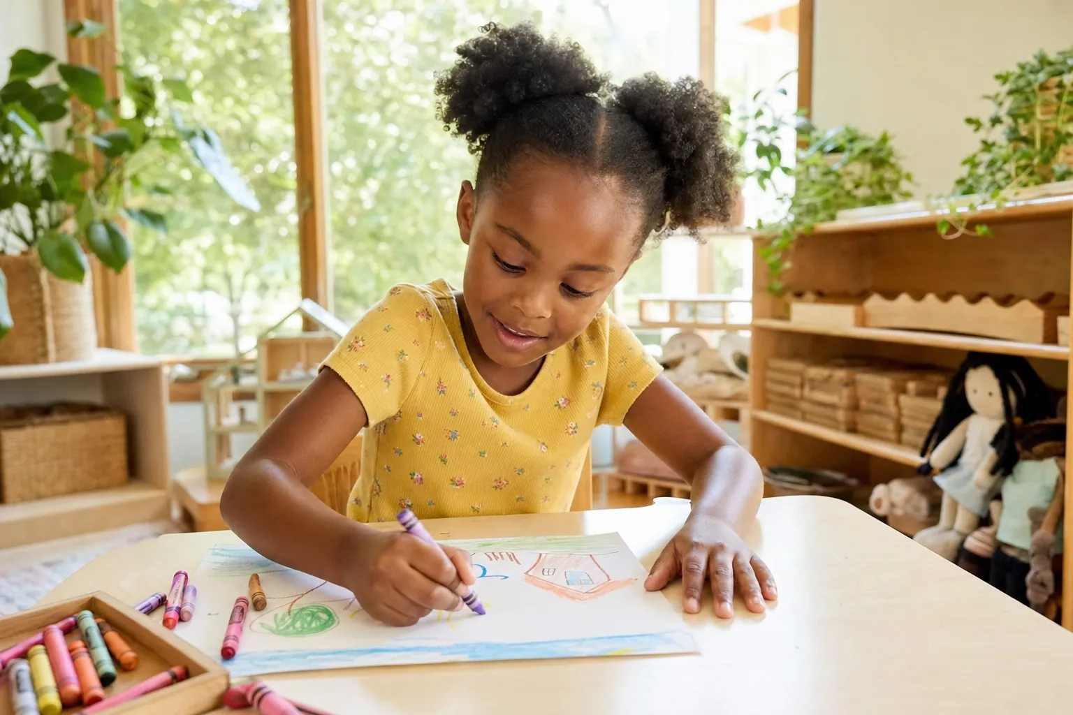 A young girl drawing with crayons in a bright playroom
